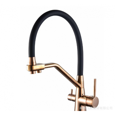 菜盆冷热铜水龙头带净水三用龙头欧式硅胶管厨房三道水水龙头图2