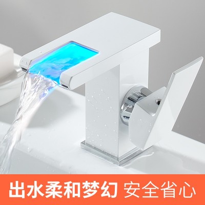 水龙头台上洗手盆面盆冷热浴室柜卫生间黑色LED发光瀑布式水龙头图2