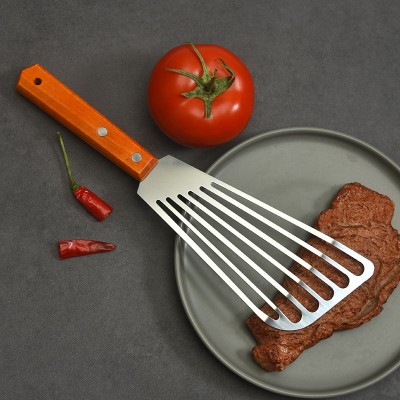 现货批发 不锈钢木柄煎鱼漏铲 牛扒煎铲 烧烤铲厨房烹饪多用铲图4
