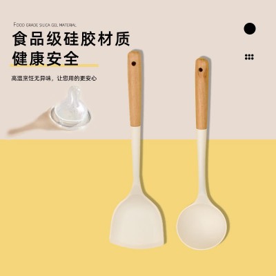 跨境新款米白色不粘锅专用硅胶铲耐高温家用炒菜锅铲汤勺厨具套装图4