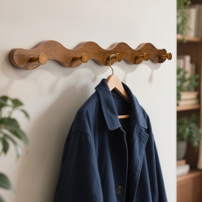 胡桃木波浪挂钩挂衣架实木衣帽架挂衣钩免打孔入户门玄关衣帽排钩图3