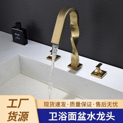 厂家批发跨境铜洗手盆洗脸盆浴室卫生间冷热混水龙头三孔分体方形