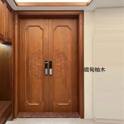 佛山纯原木双开门沙比利别墅大门入户门雕花烤漆门柚木实木子母门图2