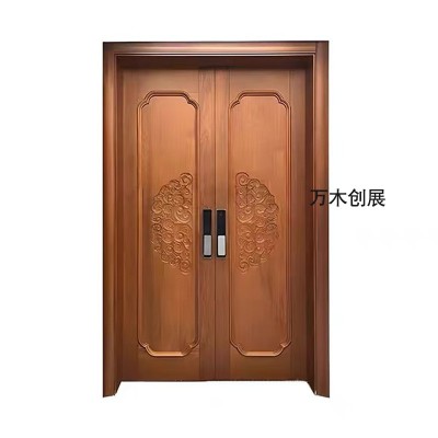 佛山纯原木双开门沙比利别墅大门入户门雕花烤漆门柚木实木子母门图3