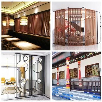 加工铝合金厂家中式铝窗花方管焊接铝屏风隔断复古烤漆仿木纹造型图5
