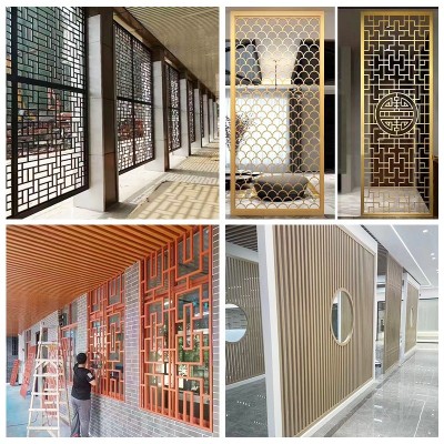 仿古风木纹铝窗花餐厅酒店室内装饰格子屏风隔断造型铝雕花批发图5