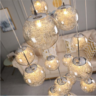 楼梯吊灯复式客厅北欧餐厅玻璃圆球形新中式别墅中空满天星长吊灯图2