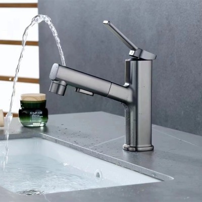 枪灰色抽拉式面盆冷热双用水龙头卫生间浴室柜台盆洗脸盆防溅龙头 1套图3