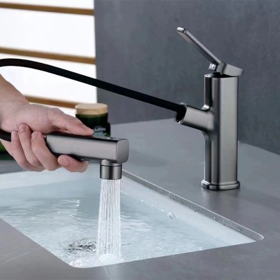 枪灰色抽拉式面盆冷热双用水龙头卫生间浴室柜台盆洗脸盆防溅龙头 1套图4